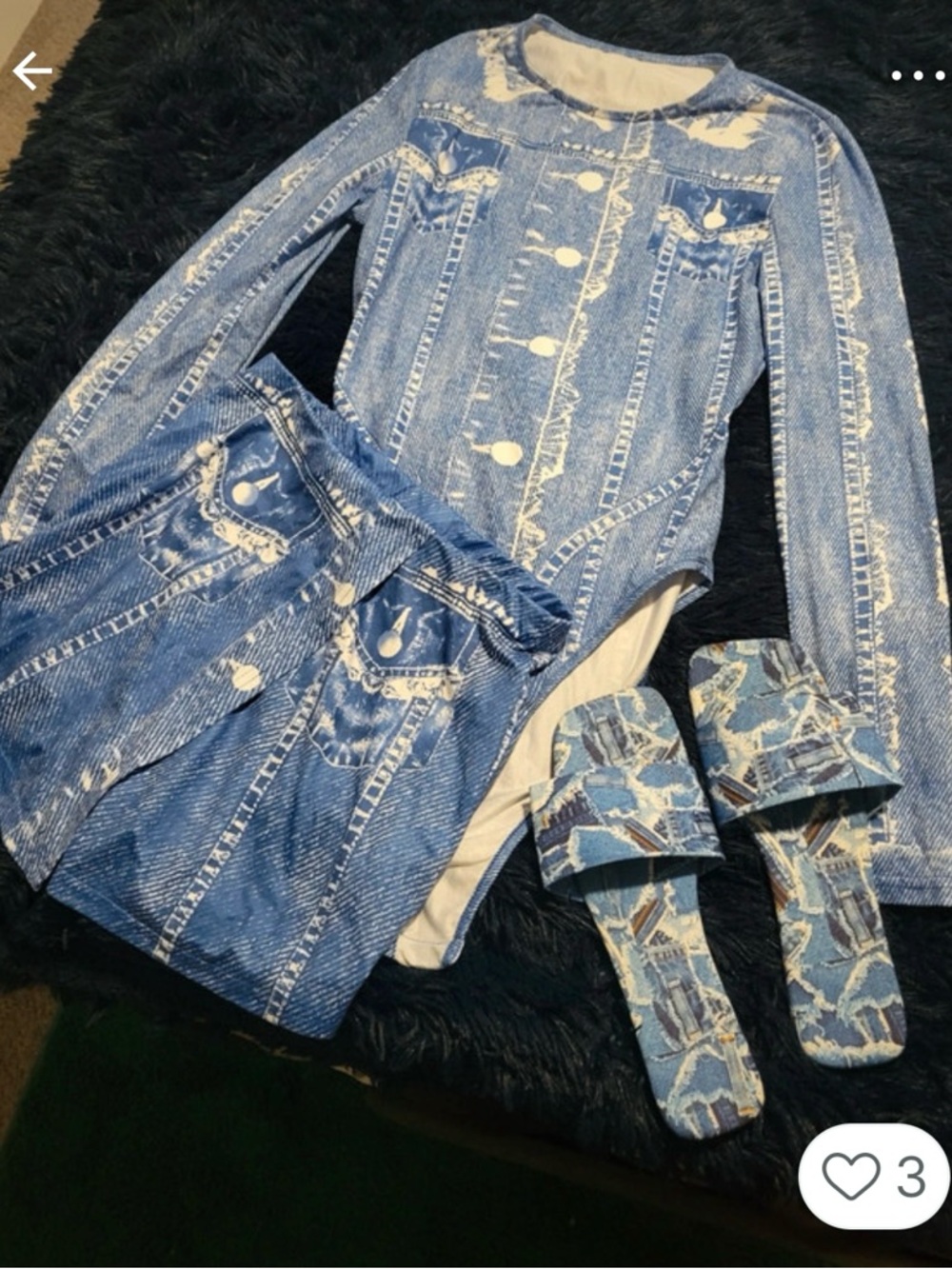 SHEIN Blue Denim-Print bodysuit with Matching Skirt